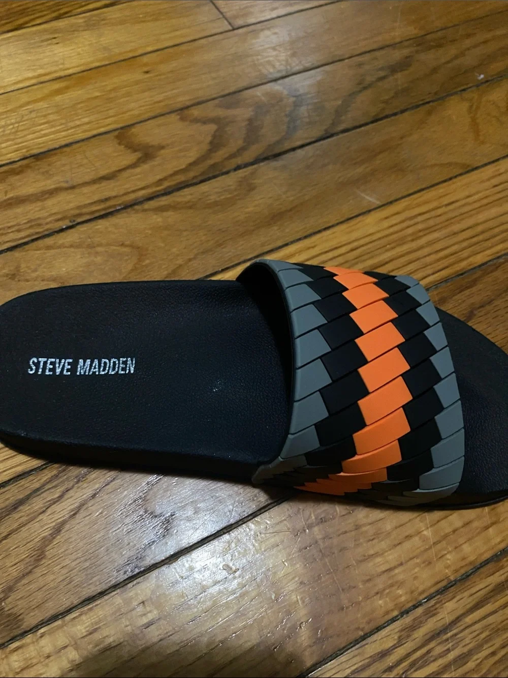 Steve Madden Black Slides with Orange and Gray Woven Accent unisex